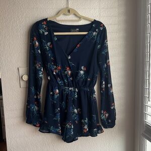 Astr Dark Blue Floral Long Sleeve Romper